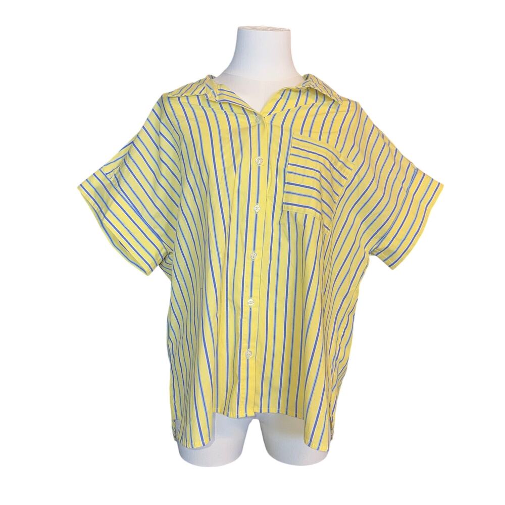 Casa Cabana Yellow Blue Striped Short Sleeve Button Down Top Cotton Blend Size L